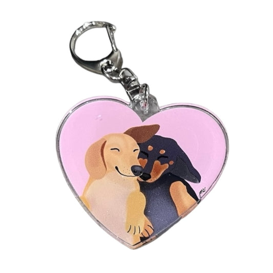 Heart Shaped Cuddling Dogs Acrylic Keychain