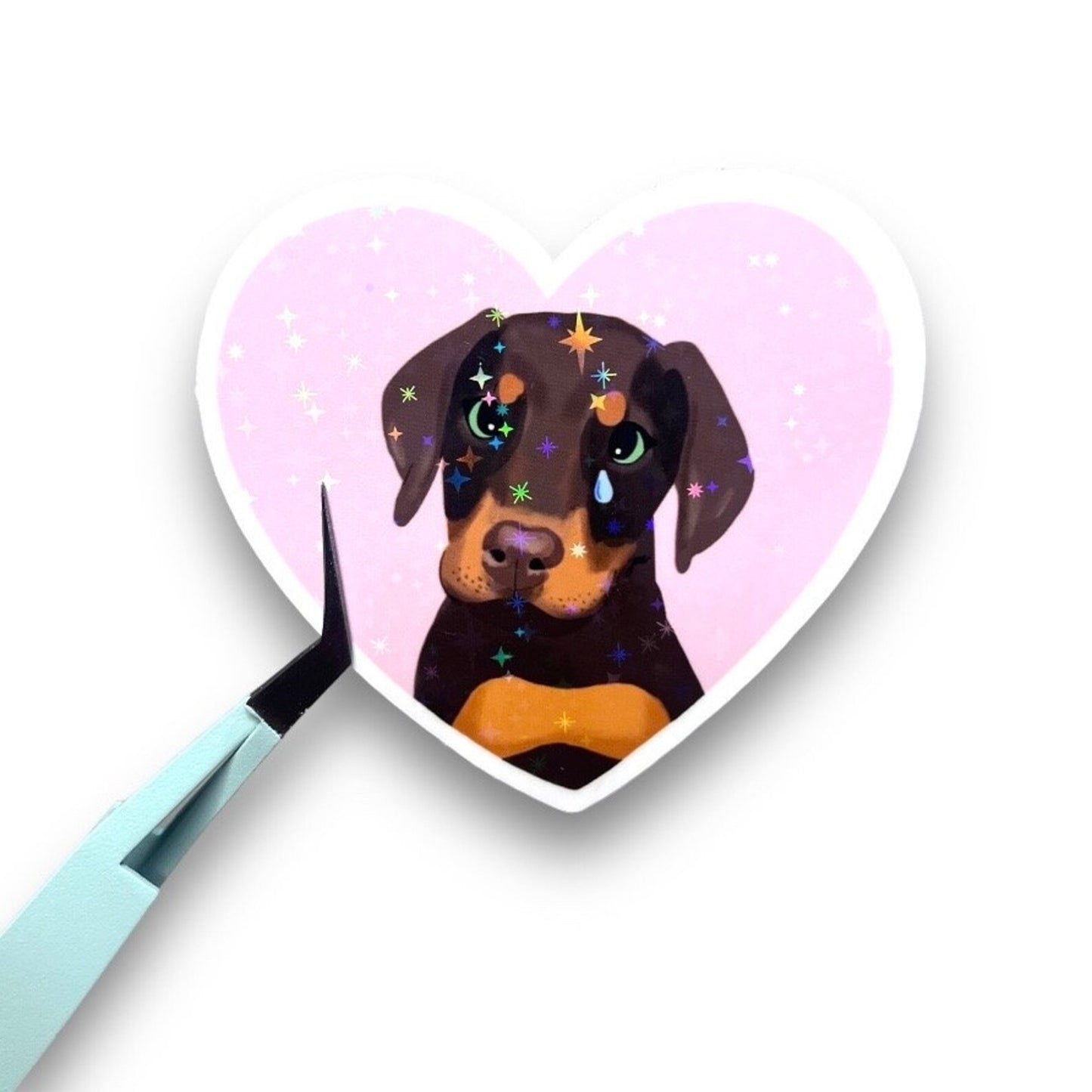 Sad Doberman Puppy in Pink Heart Holographic Stars